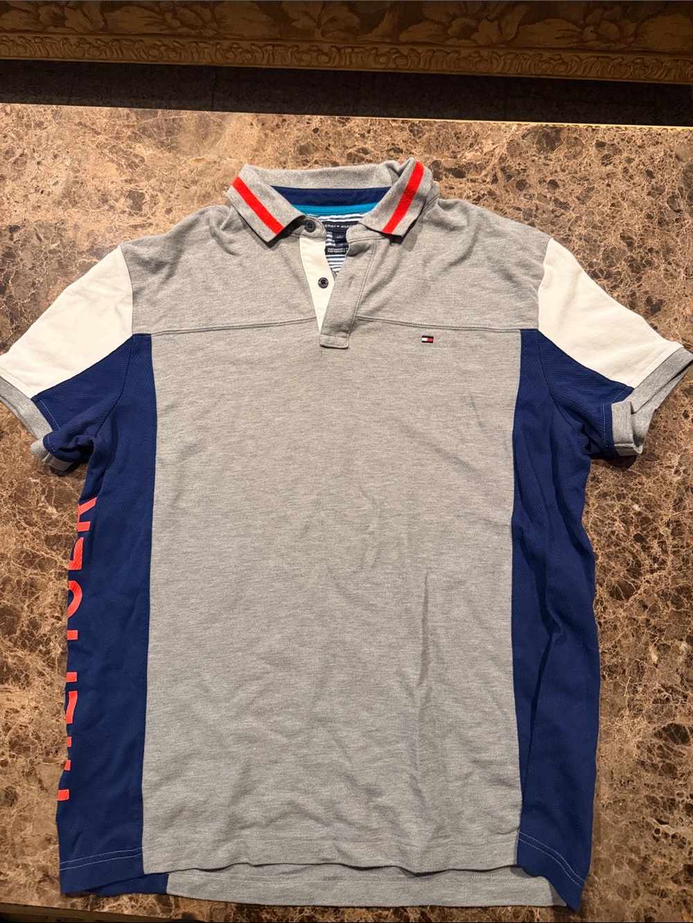 Tommy Hilfiger Grey, Blue & White Contrast Polo with Red Trim